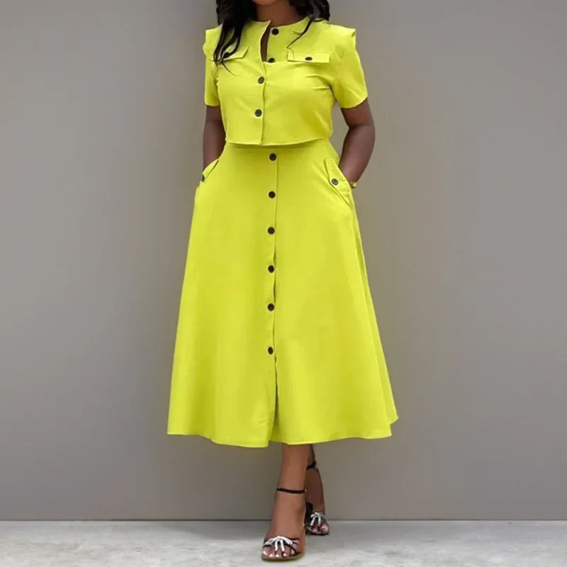 Button Top High Waist Skirt 2-piece Suit Woman