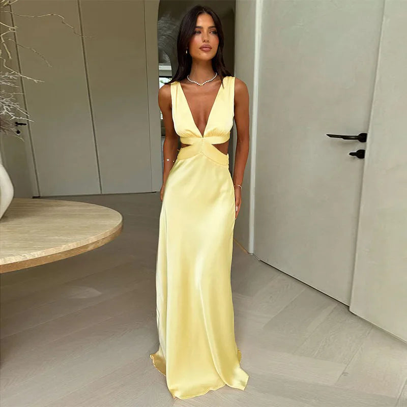 Deep V neck Hollow Sleeveless High Waist Dress