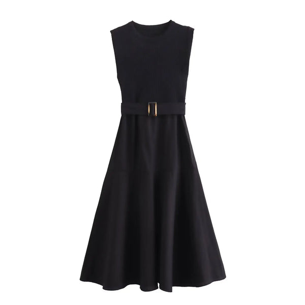 Crew Neck Poplin Knit Belted Patchwork Dress