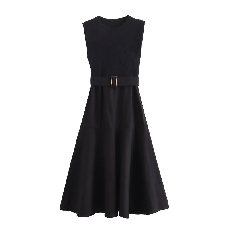 Crew Neck Poplin Knit Belted Patchwork Dress