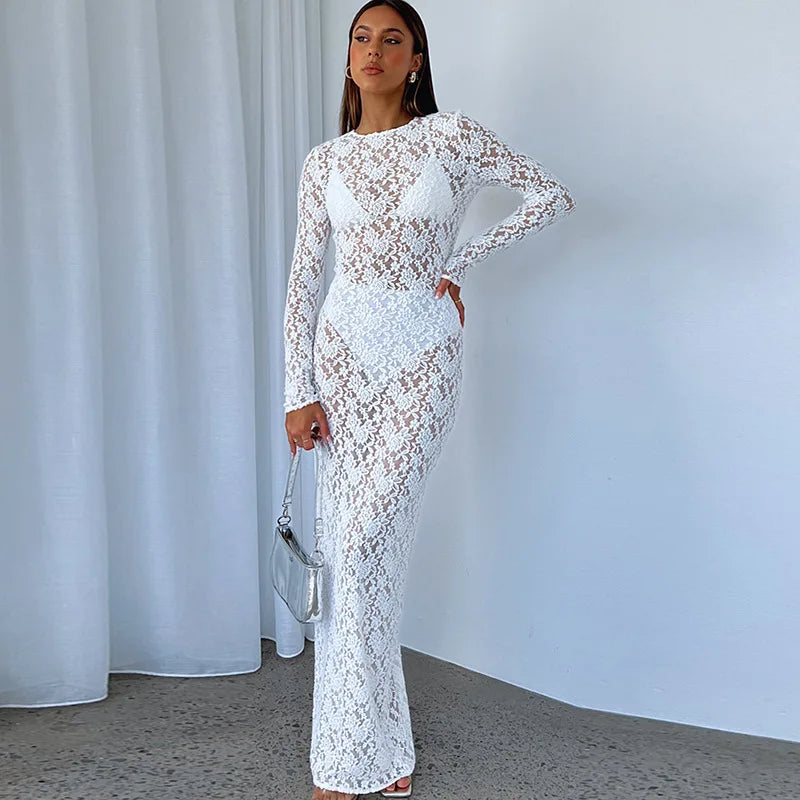 See Through Lace Bodycon Long Sleeve Dress