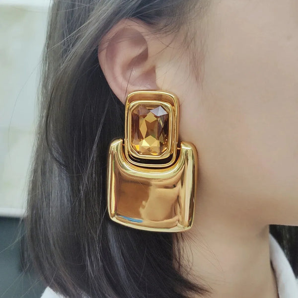 Vintage Metal Square Geometric Crystal Large Earrings