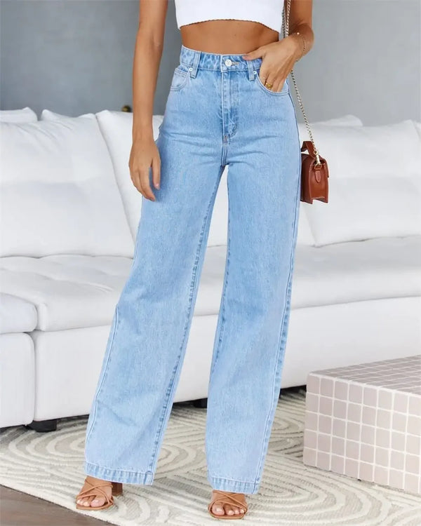 Denim Washing High Waist Loose Fit Pockets Button Basics Wide Leg Trousers