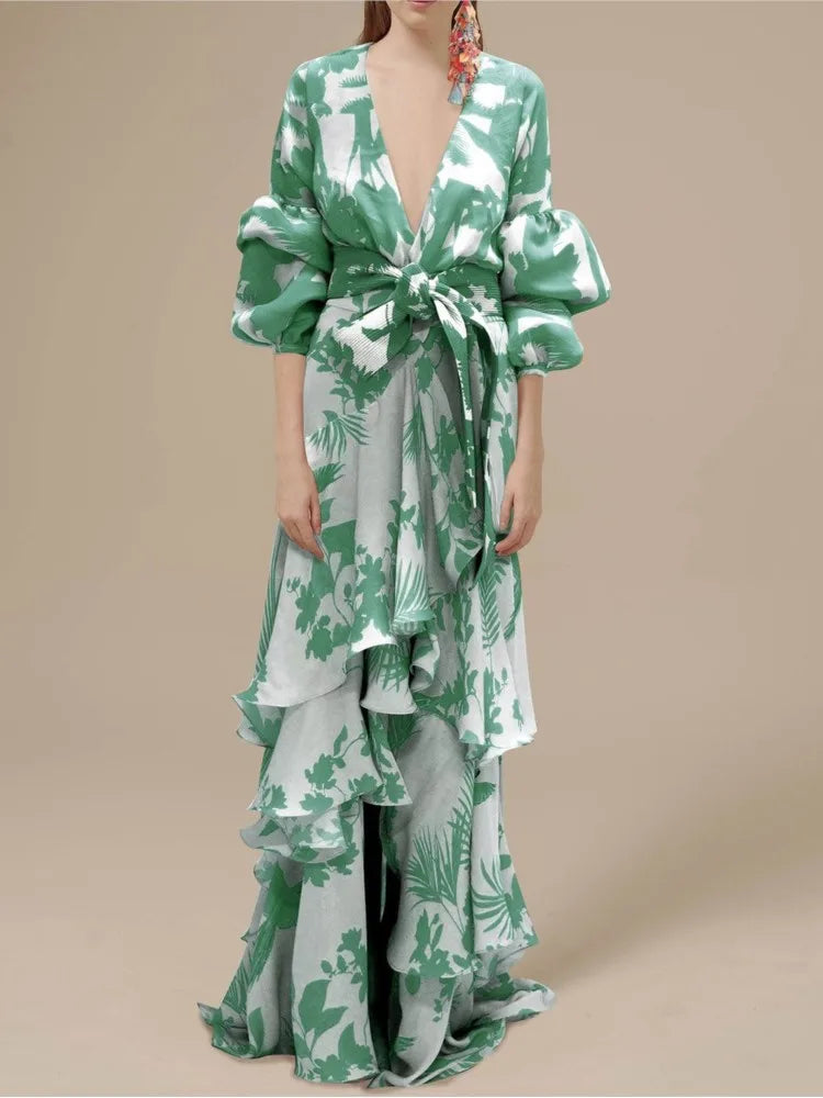 Elegant Deep V-neck Lantern Sleeve Long Dress