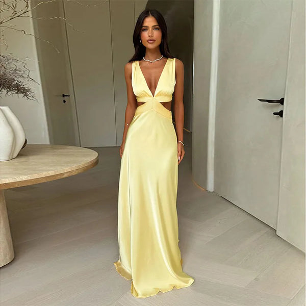 Deep V neck Hollow Sleeveless High Waist Dress