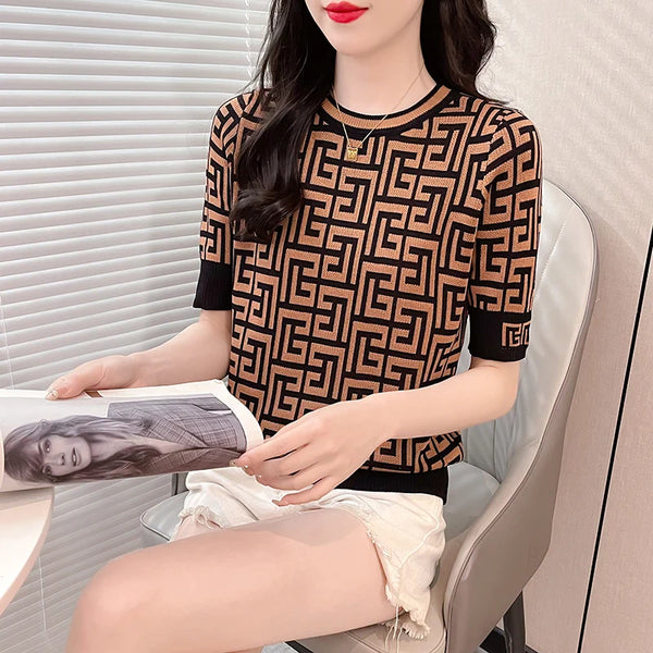 Contrast Jacquard Plaid Tops Short Sleeve Knitted TShirts