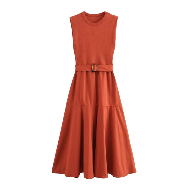 Crew Neck Poplin Knit Belted Patchwork Dress