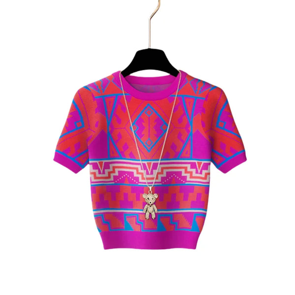 Summer Vintage Patchwork Geometric Pattern Knitted Sweater