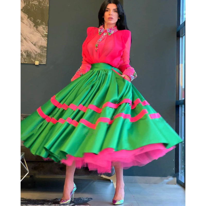 Pink Tulle Blouse Crystals Top Full Sleeves