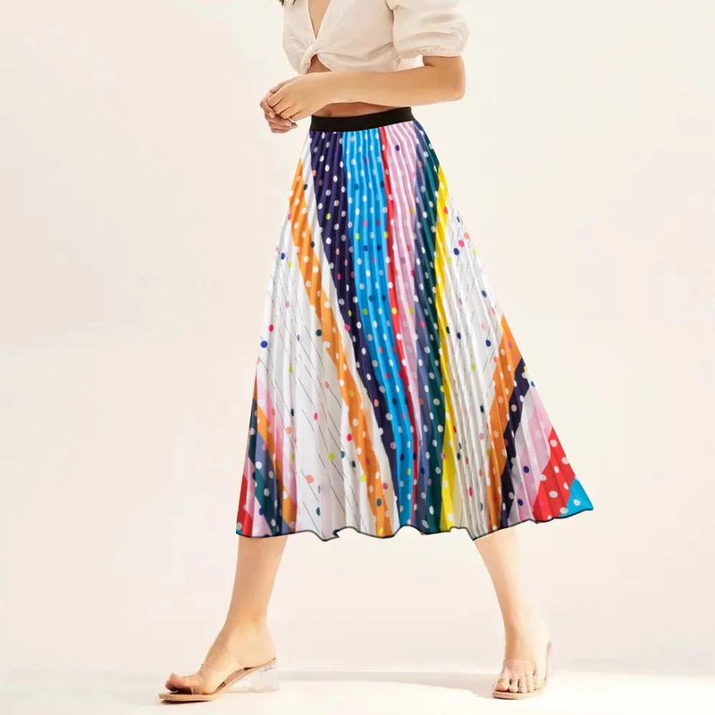 Printed elastic mid length A-line pressed pleated skirt
