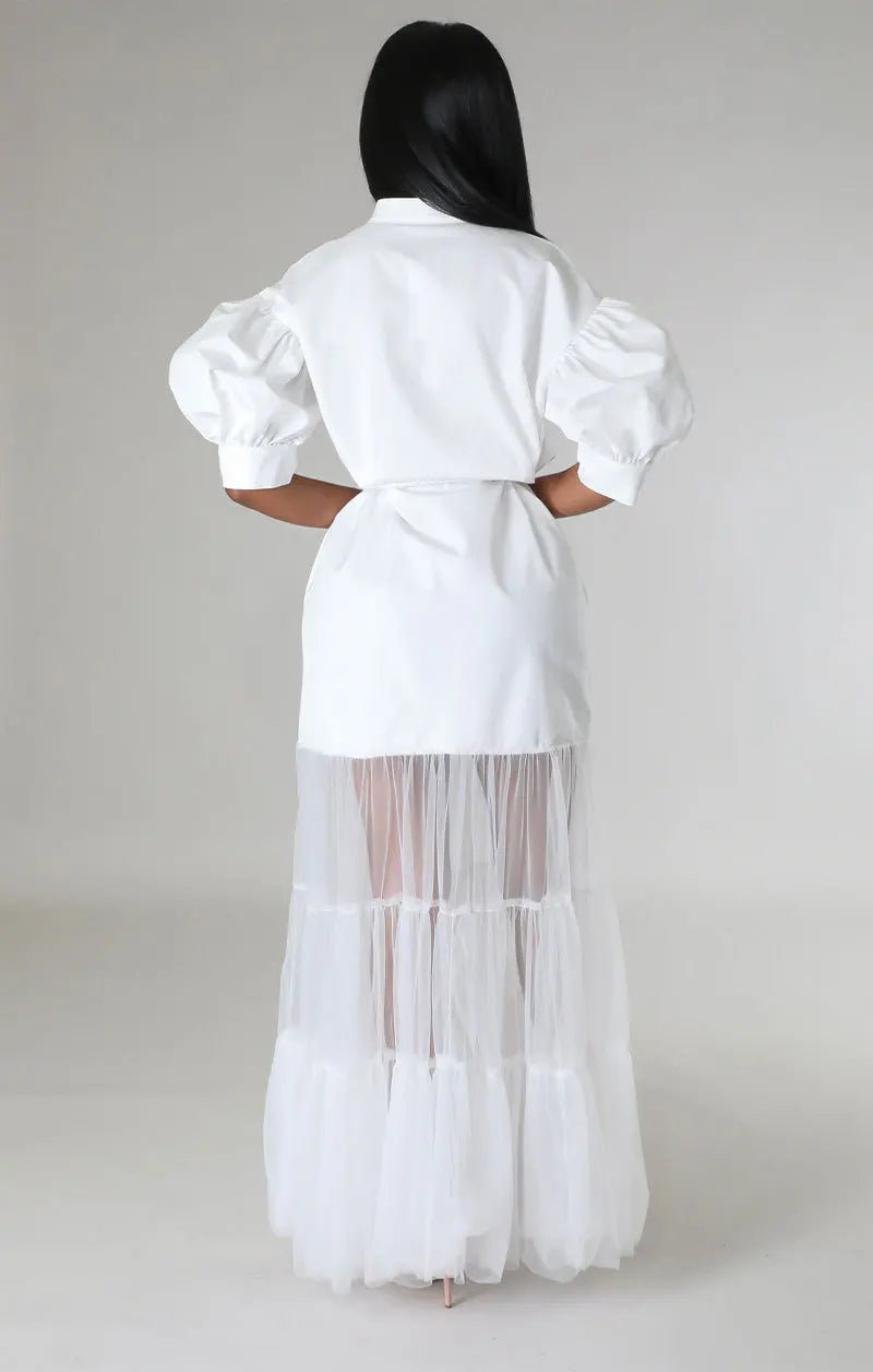 Elegant White Lace Shirt Short Sleeve Lace-up Pocket Lace Long Dress