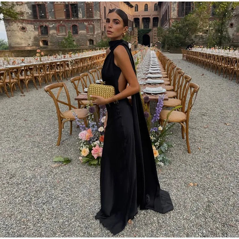 Elegant Solid Ribbon Off Shoulder Sleeveless Backless Slim Dress