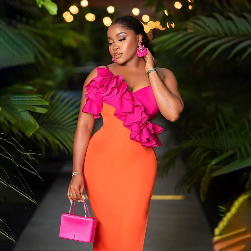 Orange Sleeveless Sexy V-Neck Ruffles Bodycon Mid-calf Bandage Dress