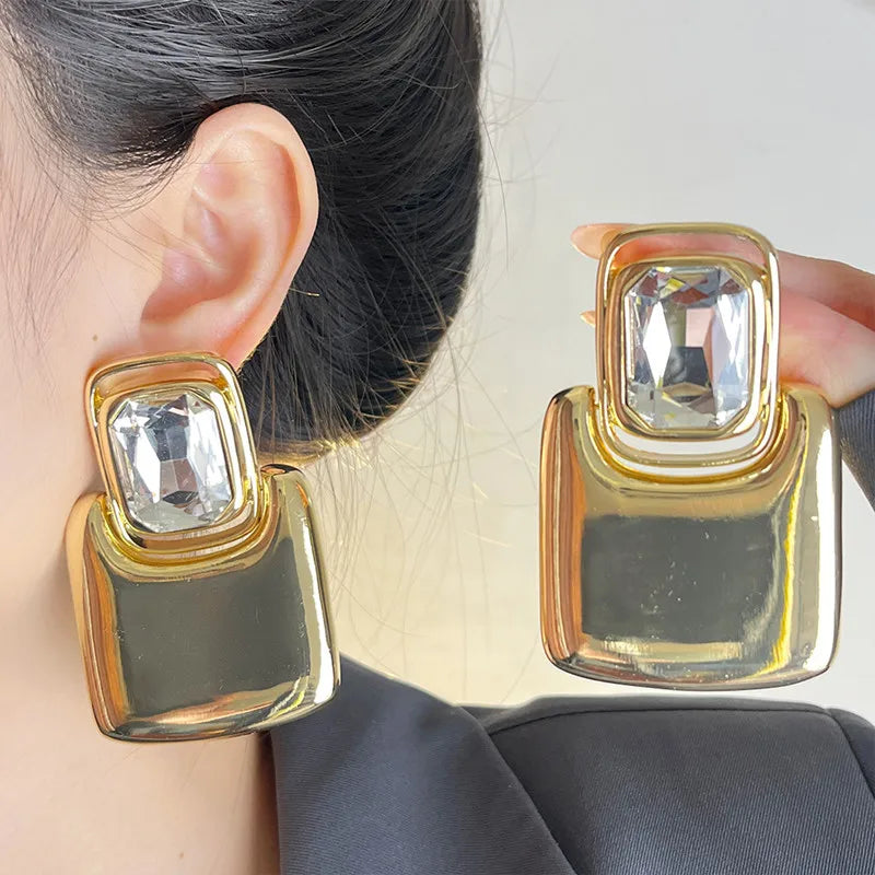 Vintage Metal Square Geometric Crystal Large Earrings