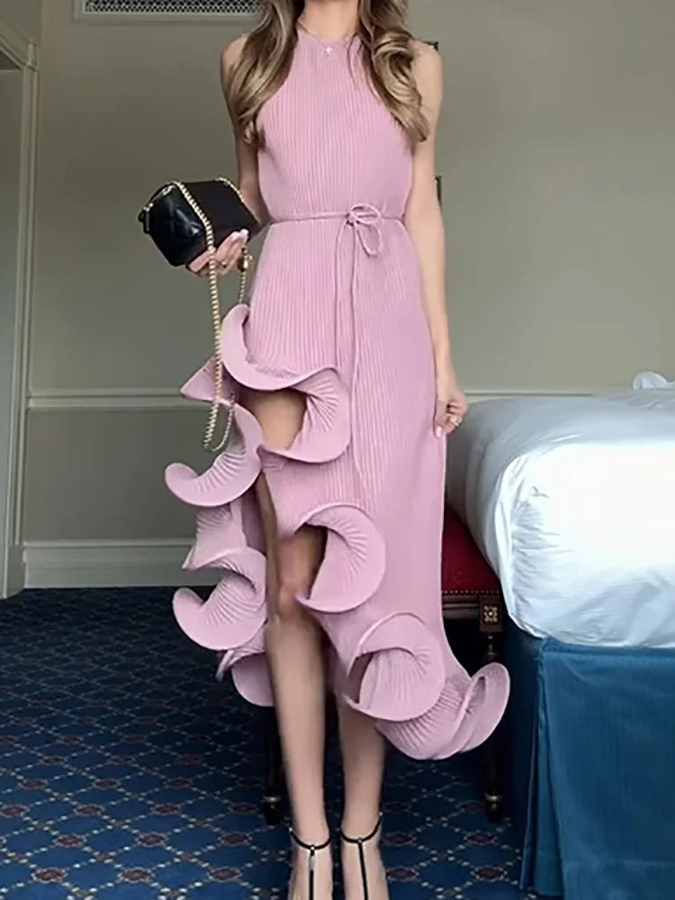 Round Neck Solid Irregular Sleeveless Elegant Dress