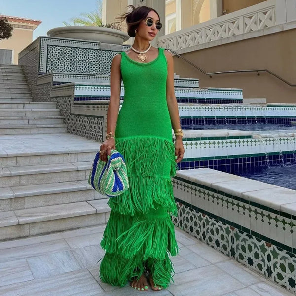 Knitted High Waisted Sleeveless Tassel  Elegant Dress