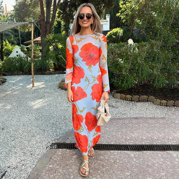 Elegant O Neck Fashion Long Sleeve Slim Patchwork Long Dress