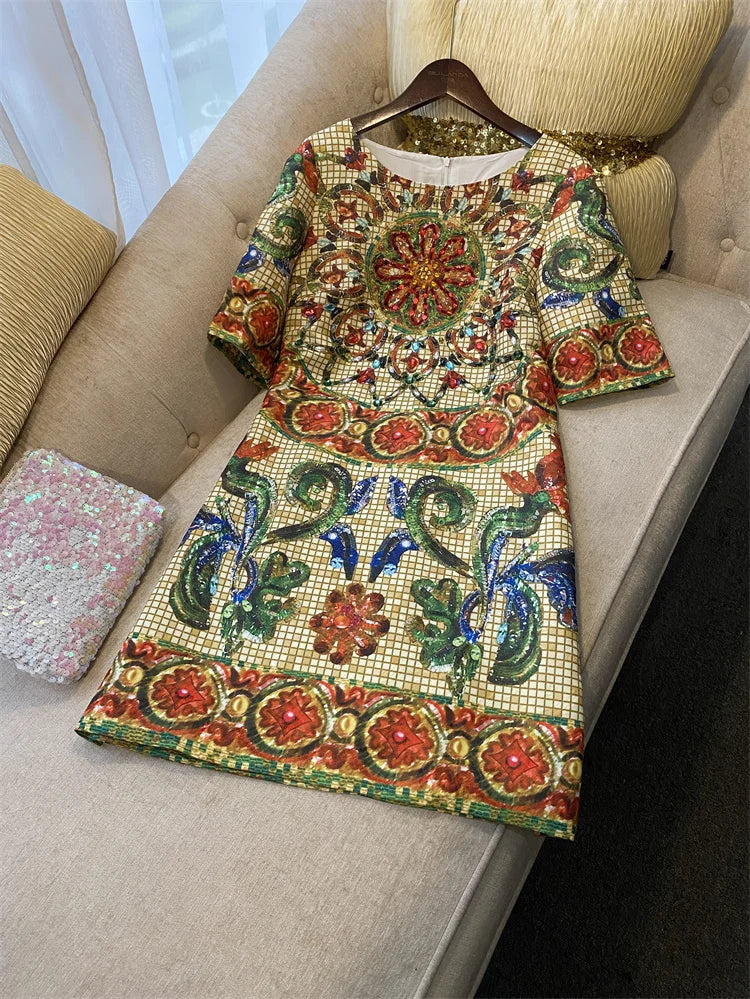 Beaded Short Sleeve Jacquard Rhinestone Above Knee Dress