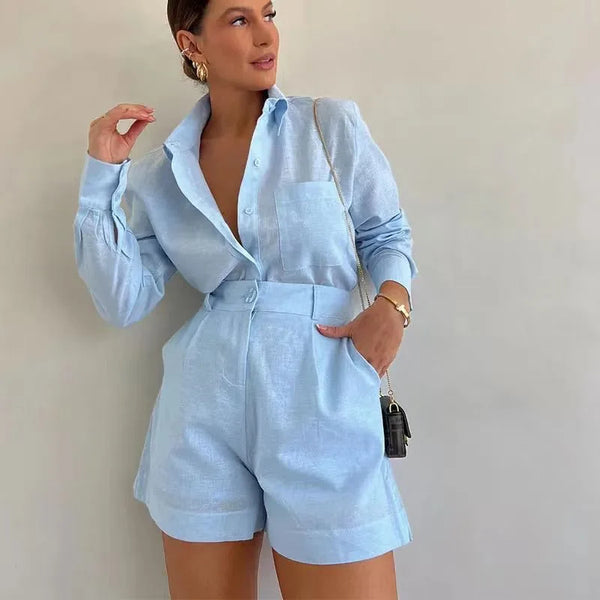 Long Sleeve 2-Piece Set Casual Button Shirt Short
