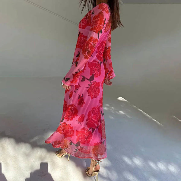 Elegant O Neck Fashion Long Sleeve Slim Patchwork Long Dress