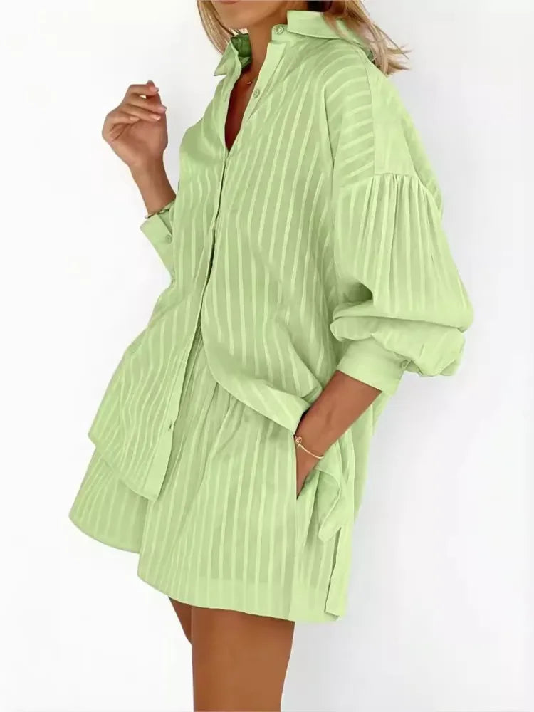 Summer Cotton Two Piece Stripe Long Sleeve Shirts Shorts