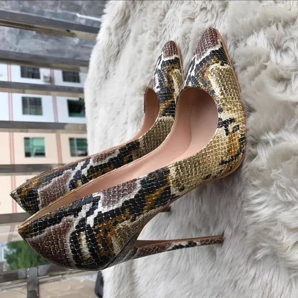 Pointed High Heel Pumps Snakeskin Pattern Shallow