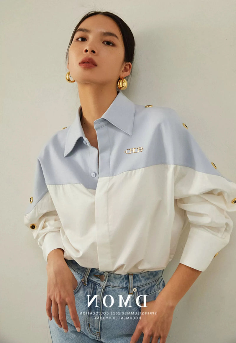 Splicing Color Contrasting Long Sleeve Business Shirt