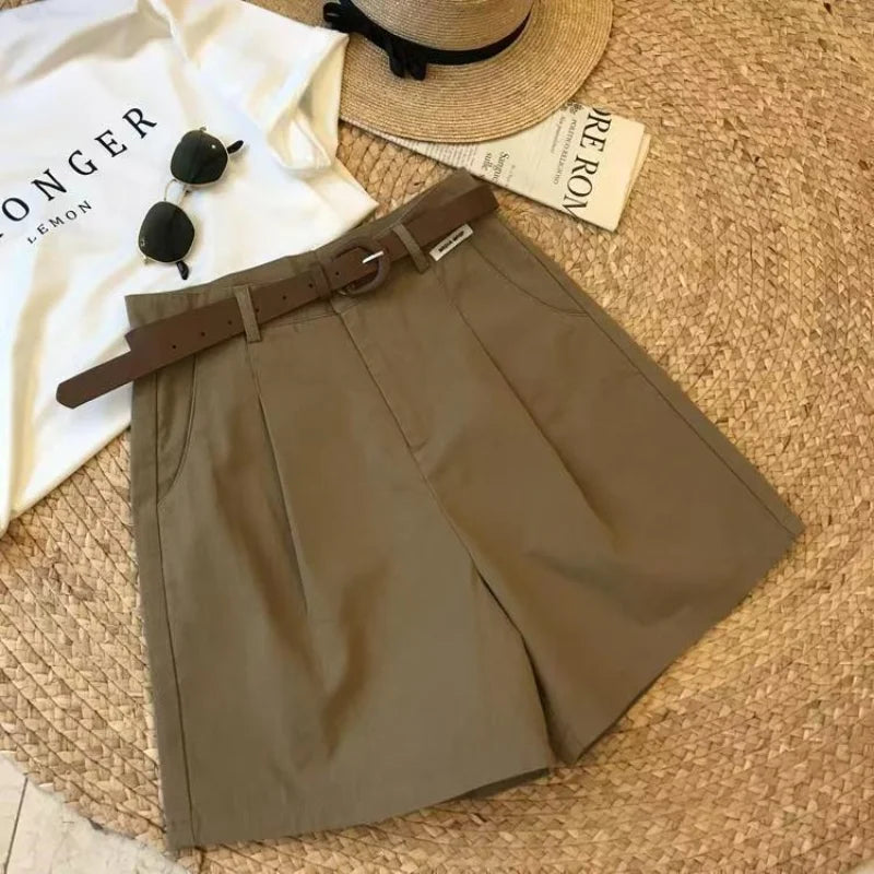 Chic Office Lady's Shorts With Belt Straight Leg