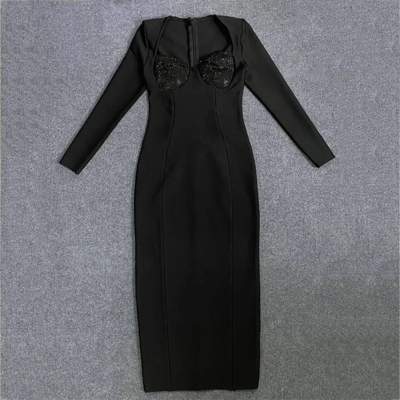Long Sleeve Square Collar Rhinestones Bodycon Bandage Dress