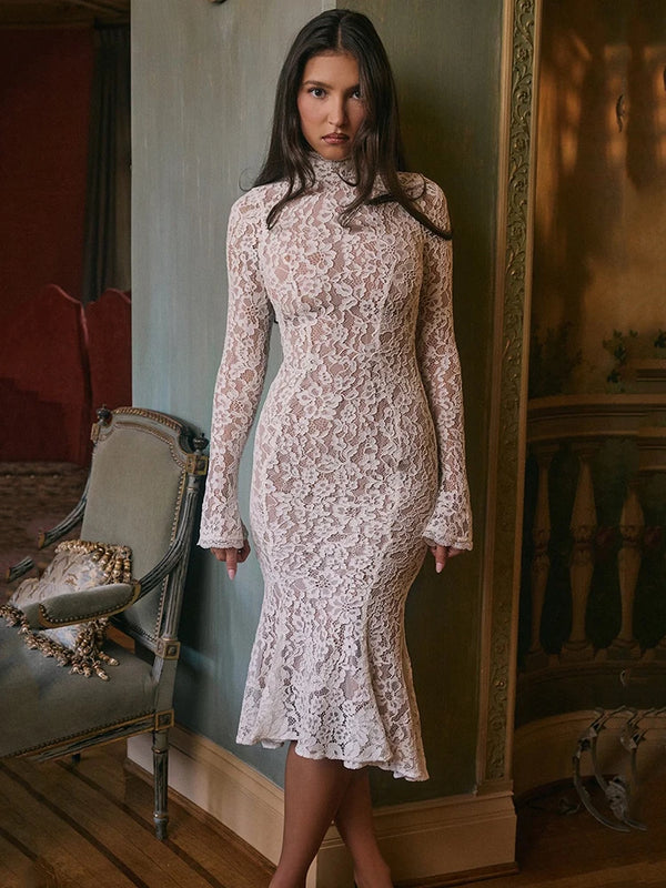 Elegant White Half High Collar High Waist Lace Long Sleeve Dress
