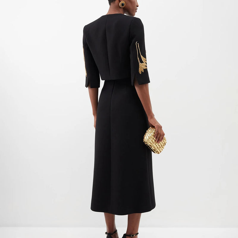 Elegant O Neck Half Sleeve Coat High Waist Skirt Set