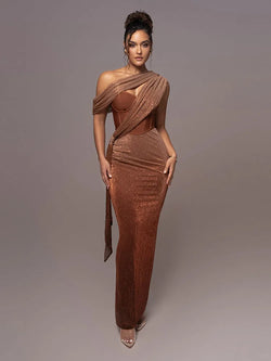 One Shoulder Draped Glitter Corset Sparkly Backless Bodycon Dress