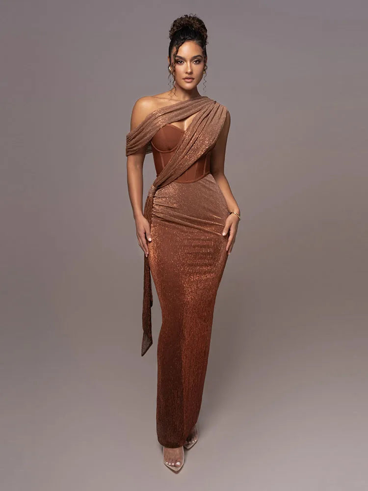 One Shoulder Draped Glitter Corset Sparkly Backless Bodycon Dress