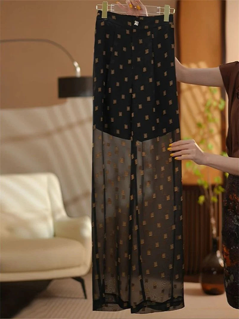 Embroidery Sheer Short Sleeved Lace Up Jacket+Wide Leg Pants