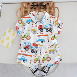 Summer Kids Boys Girl Causal Full Printed Cars Shirt Shorts 2Pcs