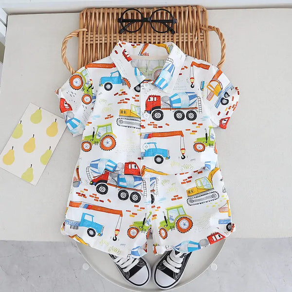 Summer Kids Boys Girl Causal Full Printed Cars Shirt Shorts 2Pcs