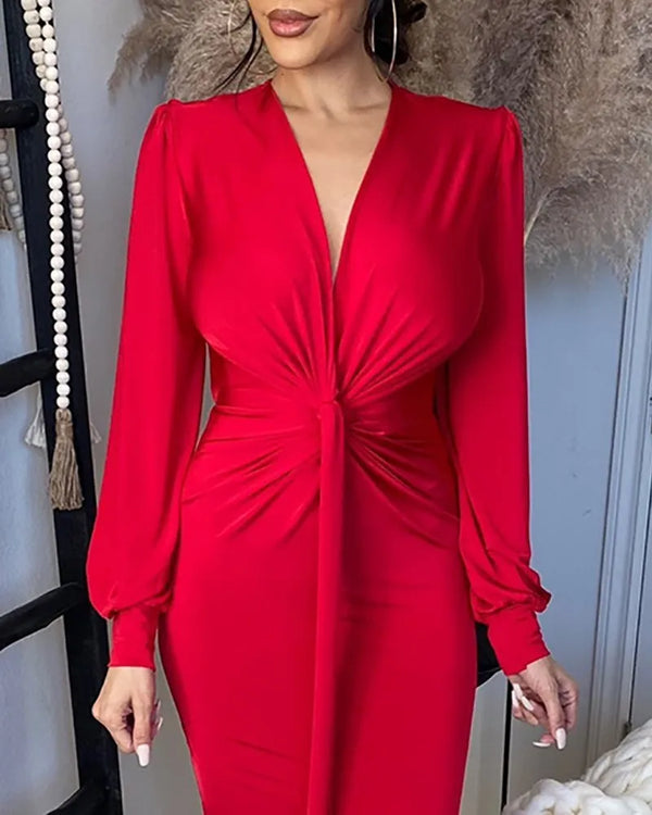 Elegant Deep V Neck Full Sleeve Long Dress