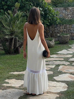 White Flowers Long Knit Slip Dress Chic Elegant Backless