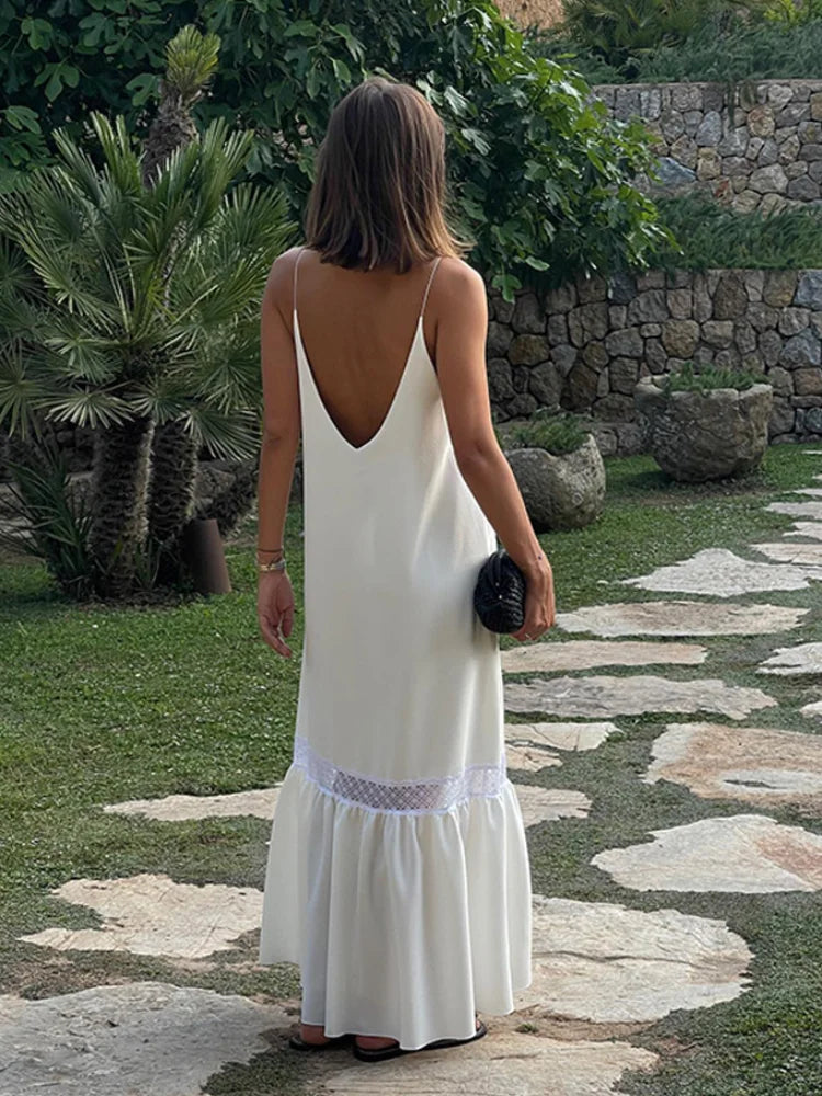 White Flowers Long Knit Slip Dress Chic Elegant Backless