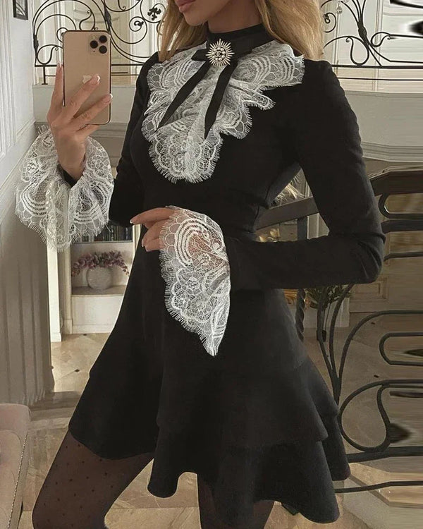Elegant Sexy Long Sleeve Lace Bell Ruffle Dress