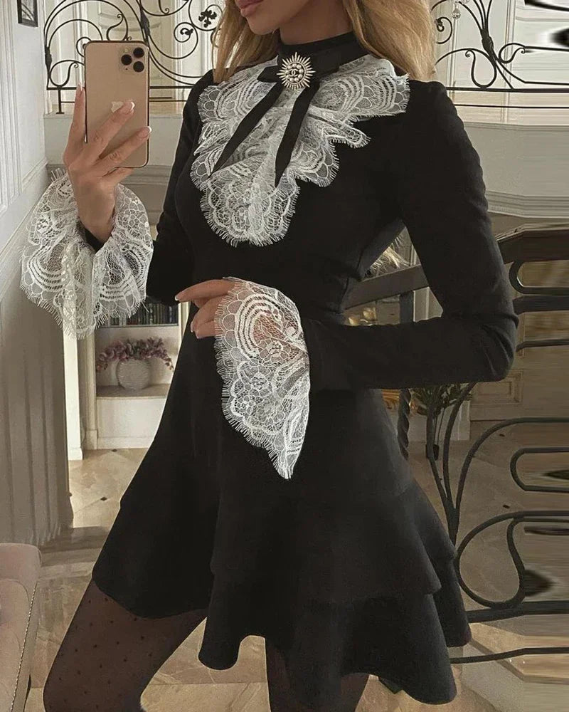 Elegant Sexy Long Sleeve Lace Bell Ruffle Dress