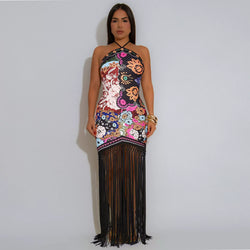 Tassel Tierred Strap Print Backless Maxi Long Dress