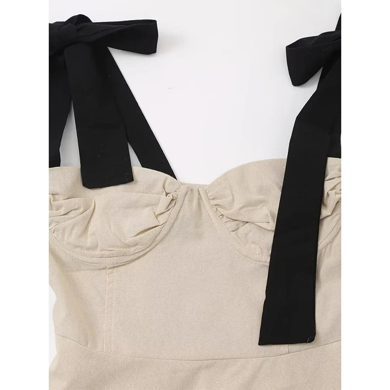 Contrast Bow Sling Mini Dress Sexy Backless Sleeveless A-line