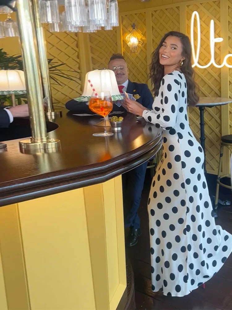 Black Dots Dress Long Sleeve High Neck Bohemia Dress