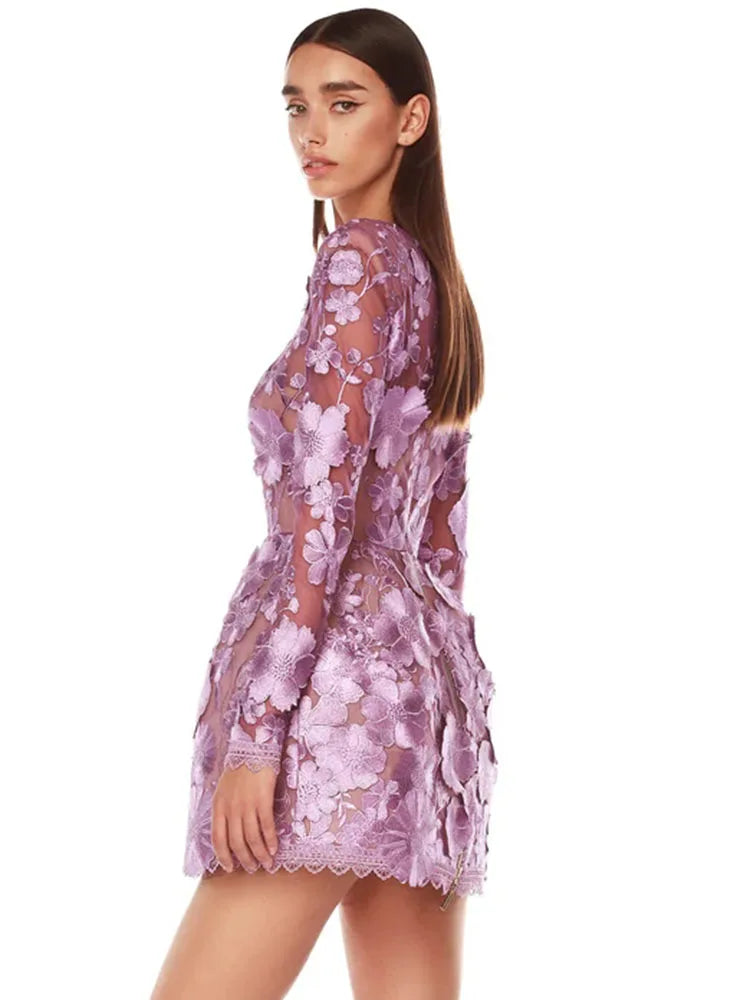 Purple Flower Embroidered O Neck Log Sleeves High Waist Floral Dress