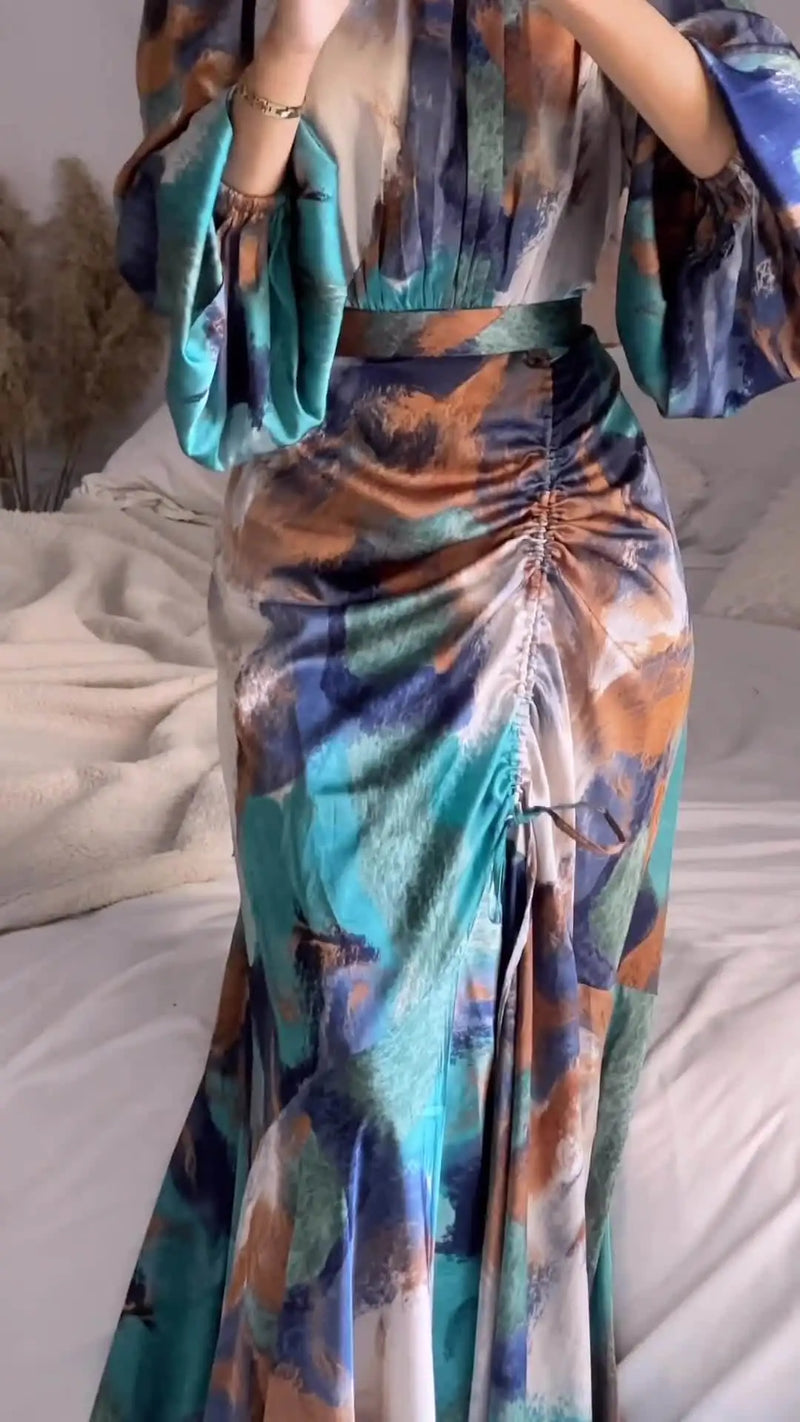 Exotic Floral Printed Long Skirt with Pleated Waist Dress