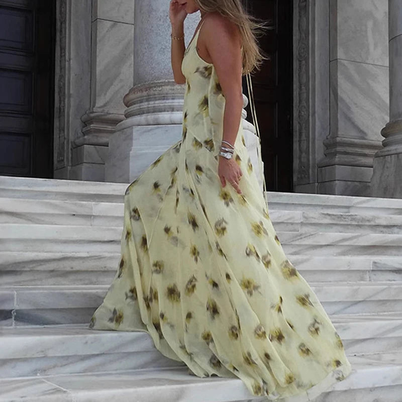 V-neck Swing Hight Waist Long Sleeveless Dress