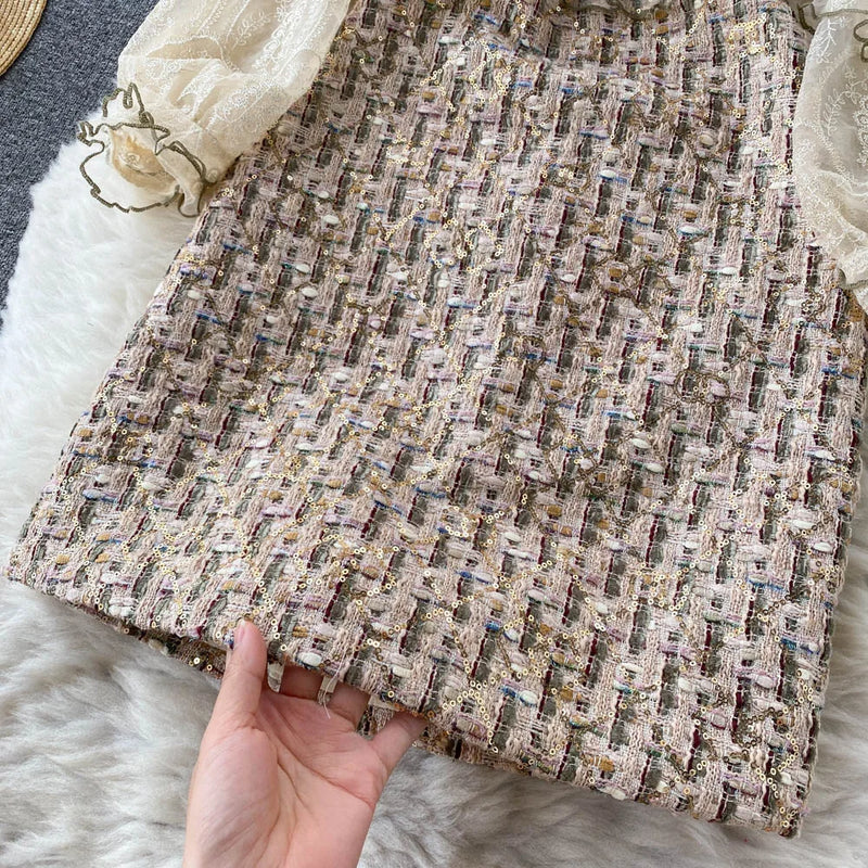 Woolen Tweed Plaid Ruffle French Pearls Dress
