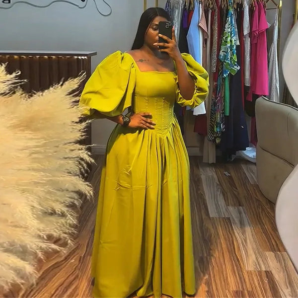 Square Neck Puff Sleeve Backless Bandage A-Line Long Dress