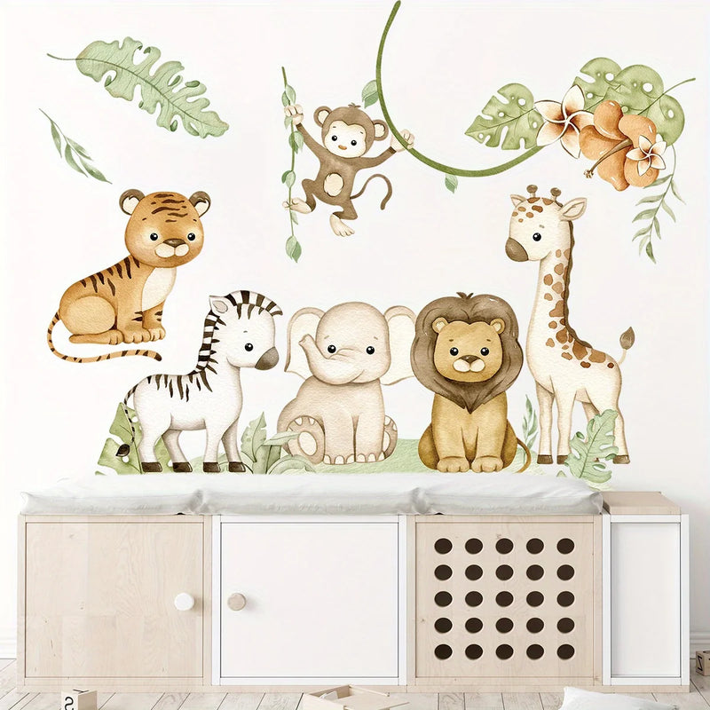 2pcs Cartoon Elephant Lion Monkey Leaves Wall Stickers for Kids Room